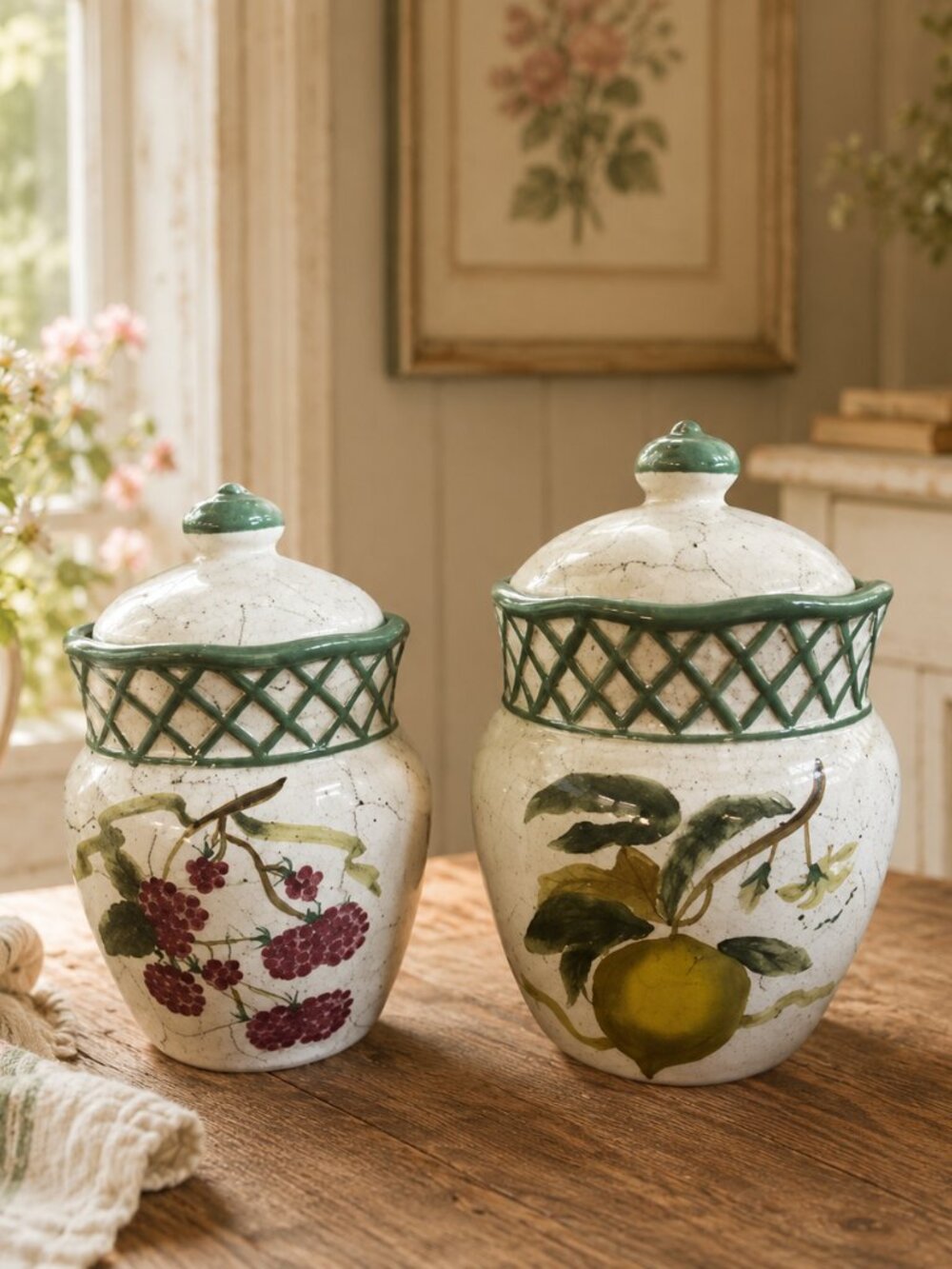 Vintage Raymond Waites Hand Painted Ceramic Canisters Fruit Lattice Cornucopia